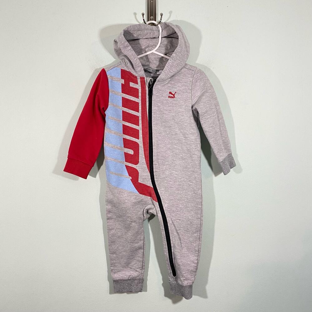 Puma Baby Boy's Grey Graphics Full Zip Fleece Lined Hooded One Piece Size 18M